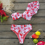 Sexy Print Bikini Set with Ruffle Skew Collar Bra and Thong Swimwear
