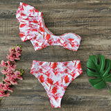 Sexy Print Bikini Set with Ruffle Skew Collar Bra and Thong Swimwear